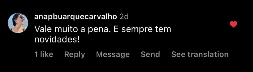 Mensagem de aluna elogiando a Sessão Pin Up
