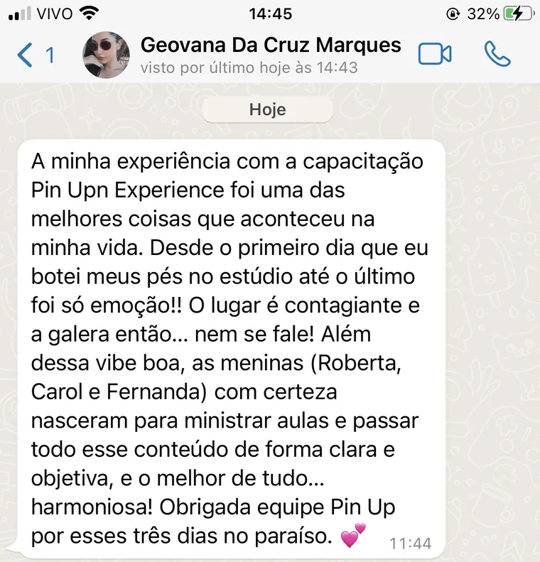 Depoimento de Geovana sobre a Experiência Pin Up