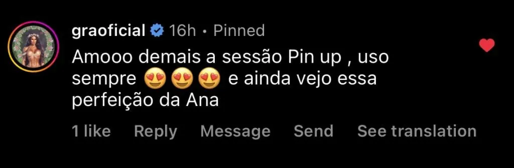Mensagem de aluna elogiando a Sessão Pin Up
