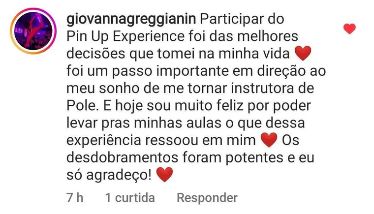 Depoimento de Giovanna sobre a Experiência Pin Up
