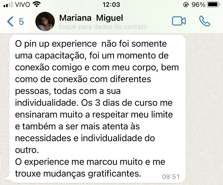 Depoimento de Mariana sobre a Experiência Pin Up