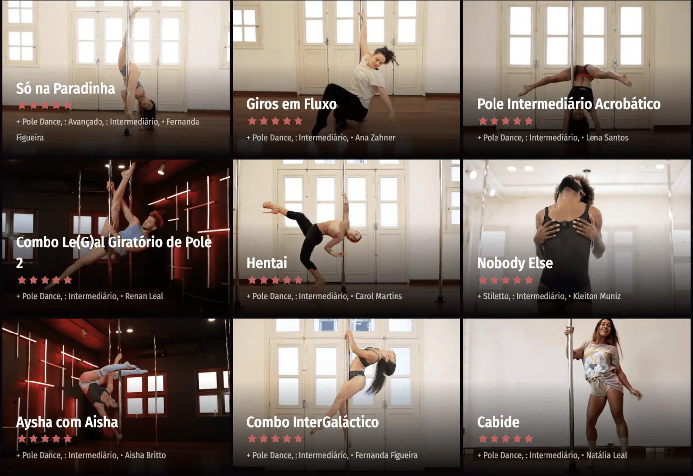 Plataforma da Sessão Pin Up com as aulas disponíveis