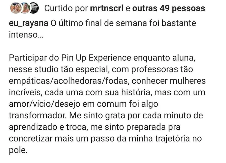 Depoimento de Rayana sobre a Experiência Pin Up